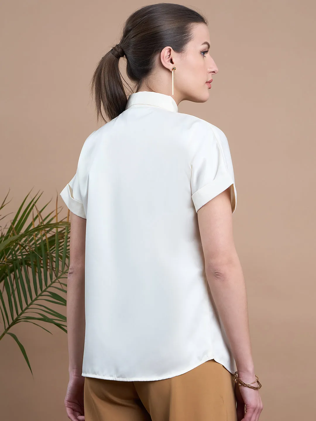 Noi Women Off White Solid With Short Sleeves Satin Formal Shirt