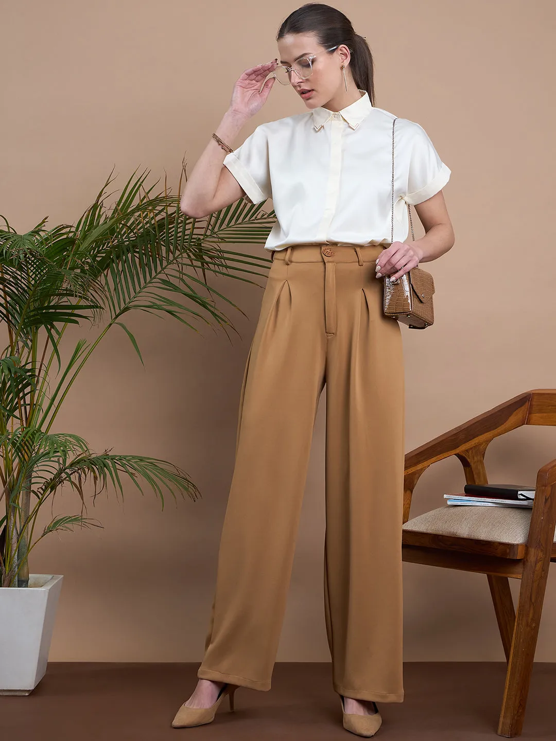 Noi Women Off White Solid With Short Sleeves Satin Formal Shirt