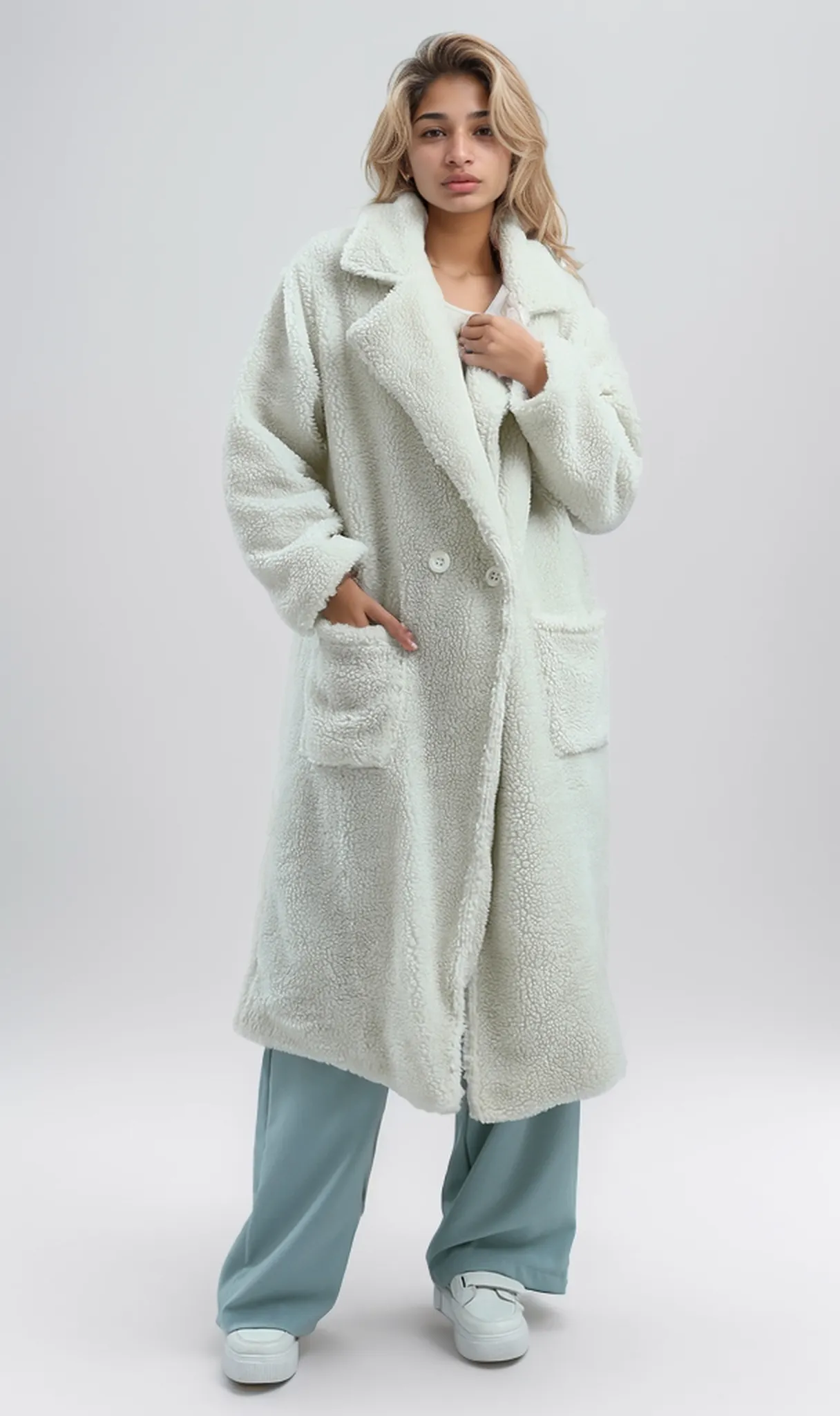 O174085 Notched Lapel Heavy Cozy Off-White Long Coat Jacket