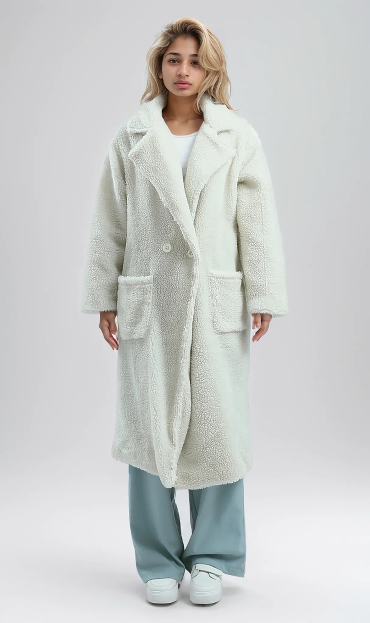 O174085 Notched Lapel Heavy Cozy Off-White Long Coat Jacket