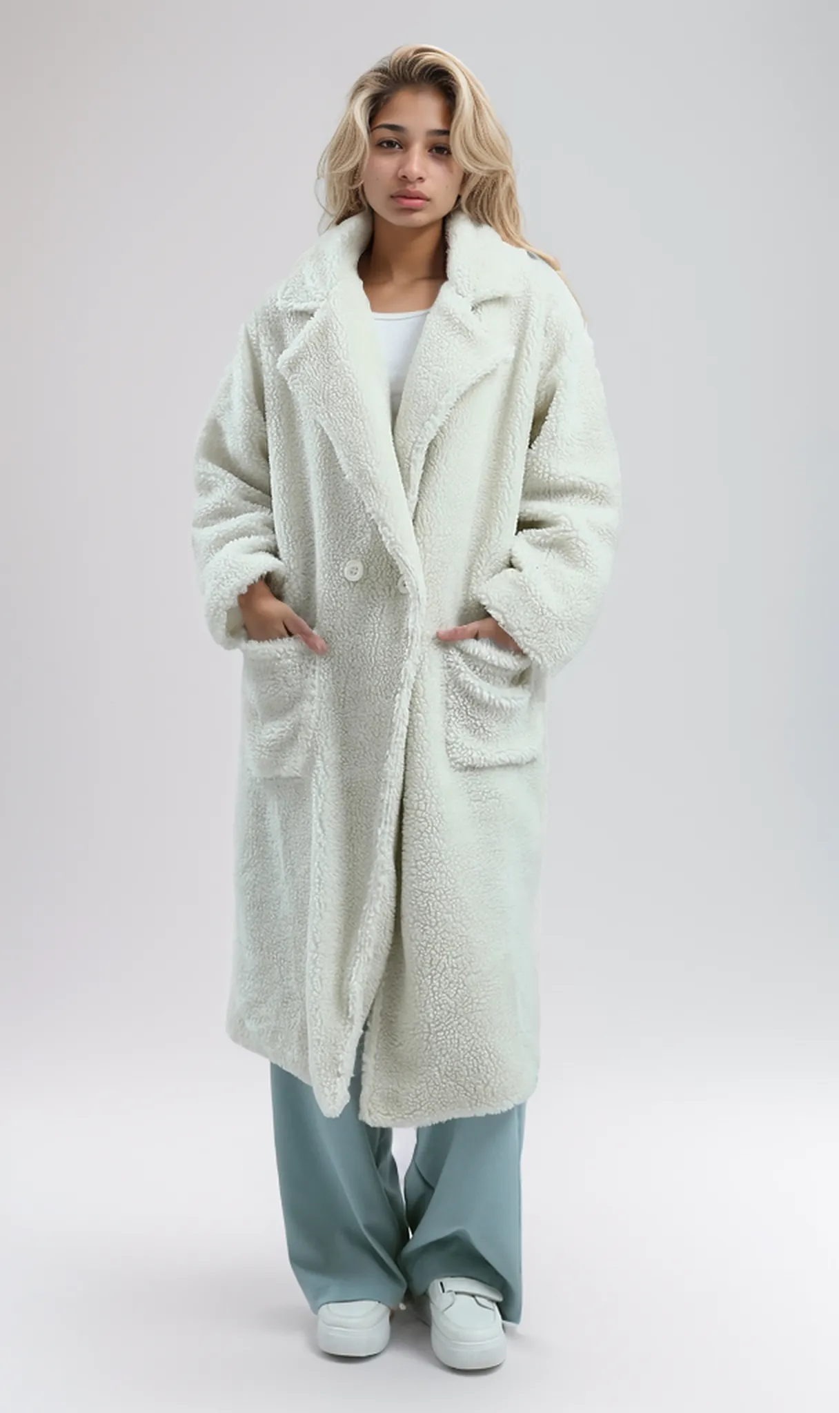 O174085 Notched Lapel Heavy Cozy Off-White Long Coat Jacket