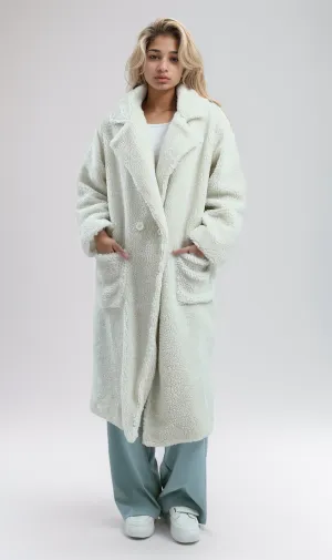 O174085 Notched Lapel Heavy Cozy Off-White Long Coat Jacket