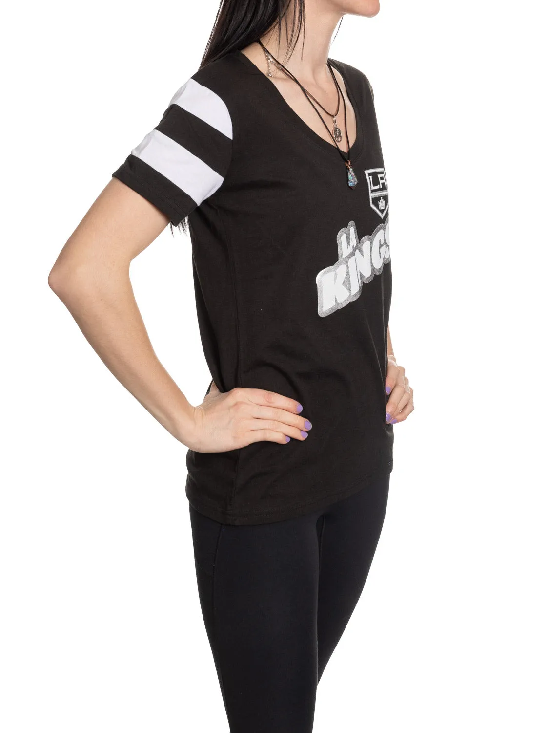 Official Licensed NHL Ladies' Retro Varsity Short Sleeve Vneck Tshirt--LosAngeles Kings