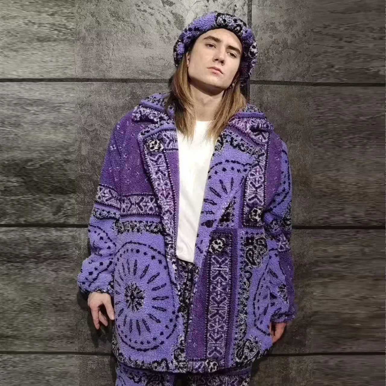 Paisley fleece jacket handmade bandanna trench coat purple