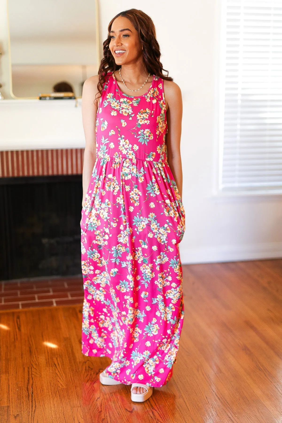 Pink Floral Print Fit and Flare Sleeveless Maxi Dress