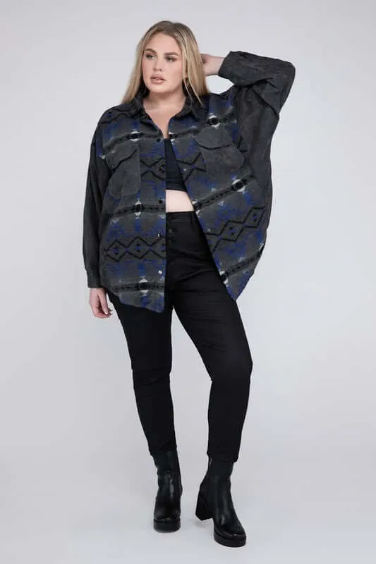 Plus Size Printed Button Down Long Sleeve Jacket