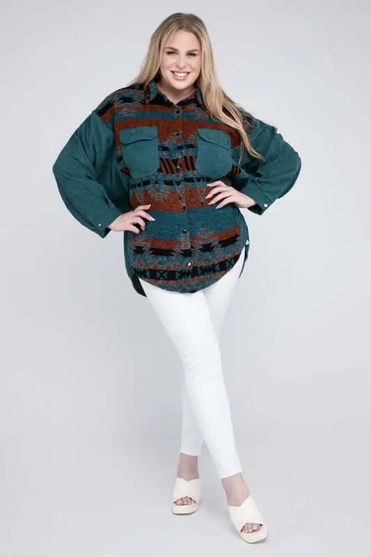 Plus Size Printed Button Down Long Sleeve Jacket