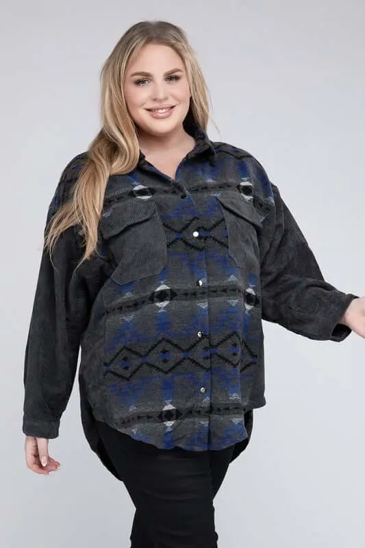 Plus Size Printed Button Down Long Sleeve Jacket