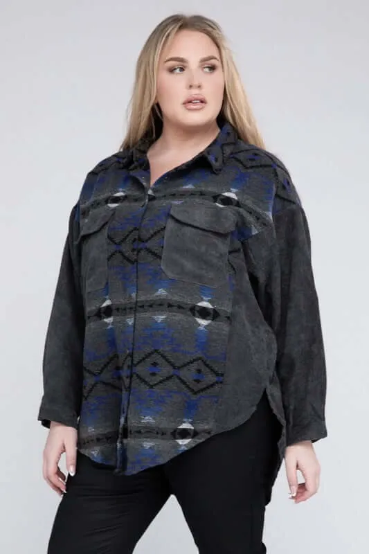 Plus Size Printed Button Down Long Sleeve Jacket