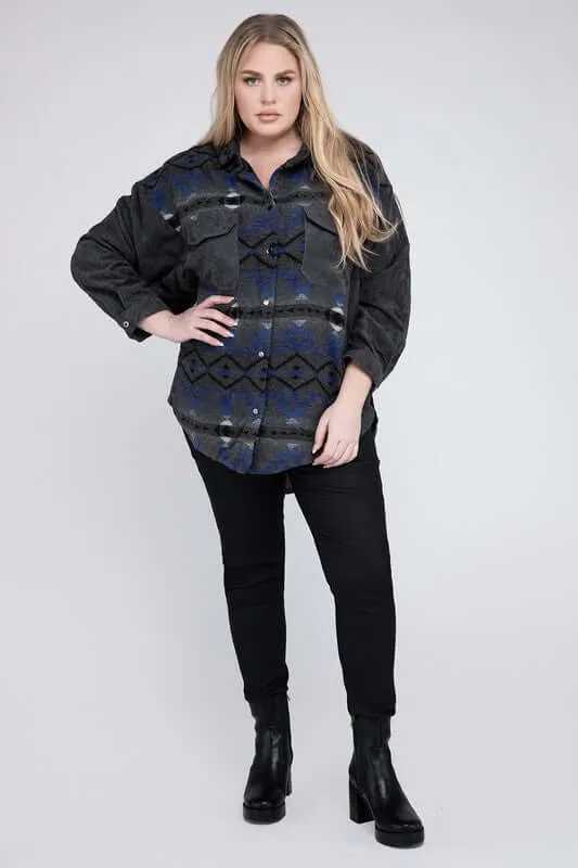 Plus Size Printed Button Down Long Sleeve Jacket