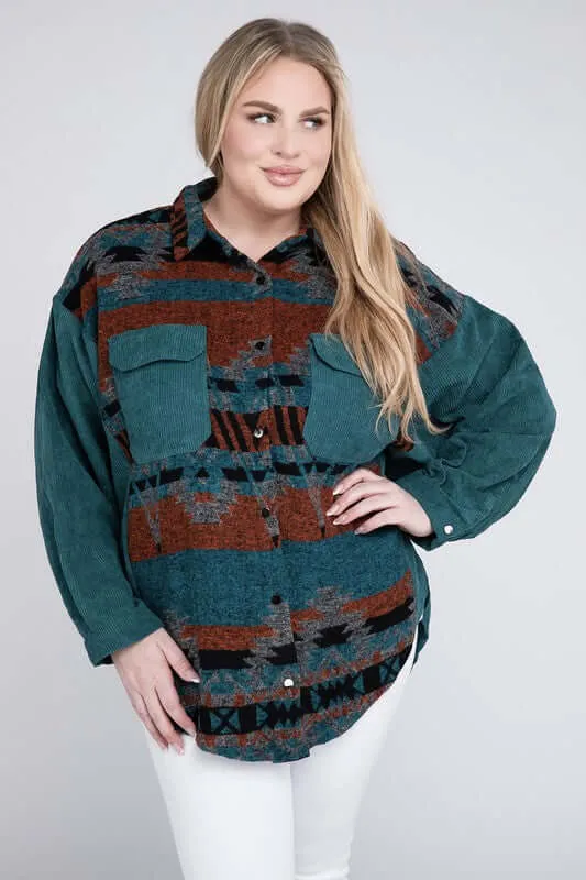 Plus Size Printed Button Down Long Sleeve Jacket