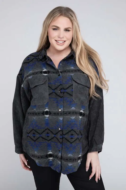 Plus Size Printed Button Down Long Sleeve Jacket