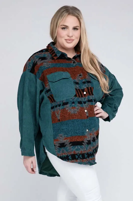 Plus Size Printed Button Down Long Sleeve Jacket