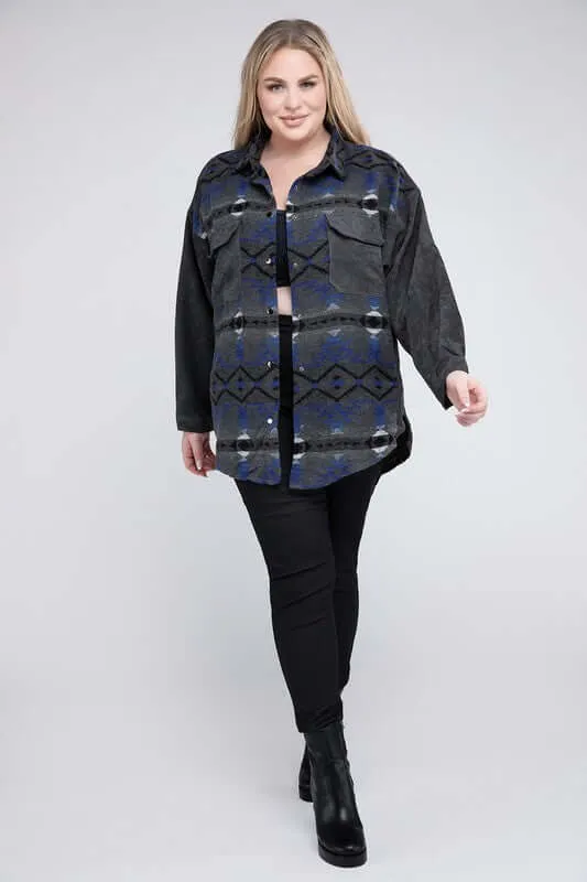 Plus Size Printed Button Down Long Sleeve Jacket