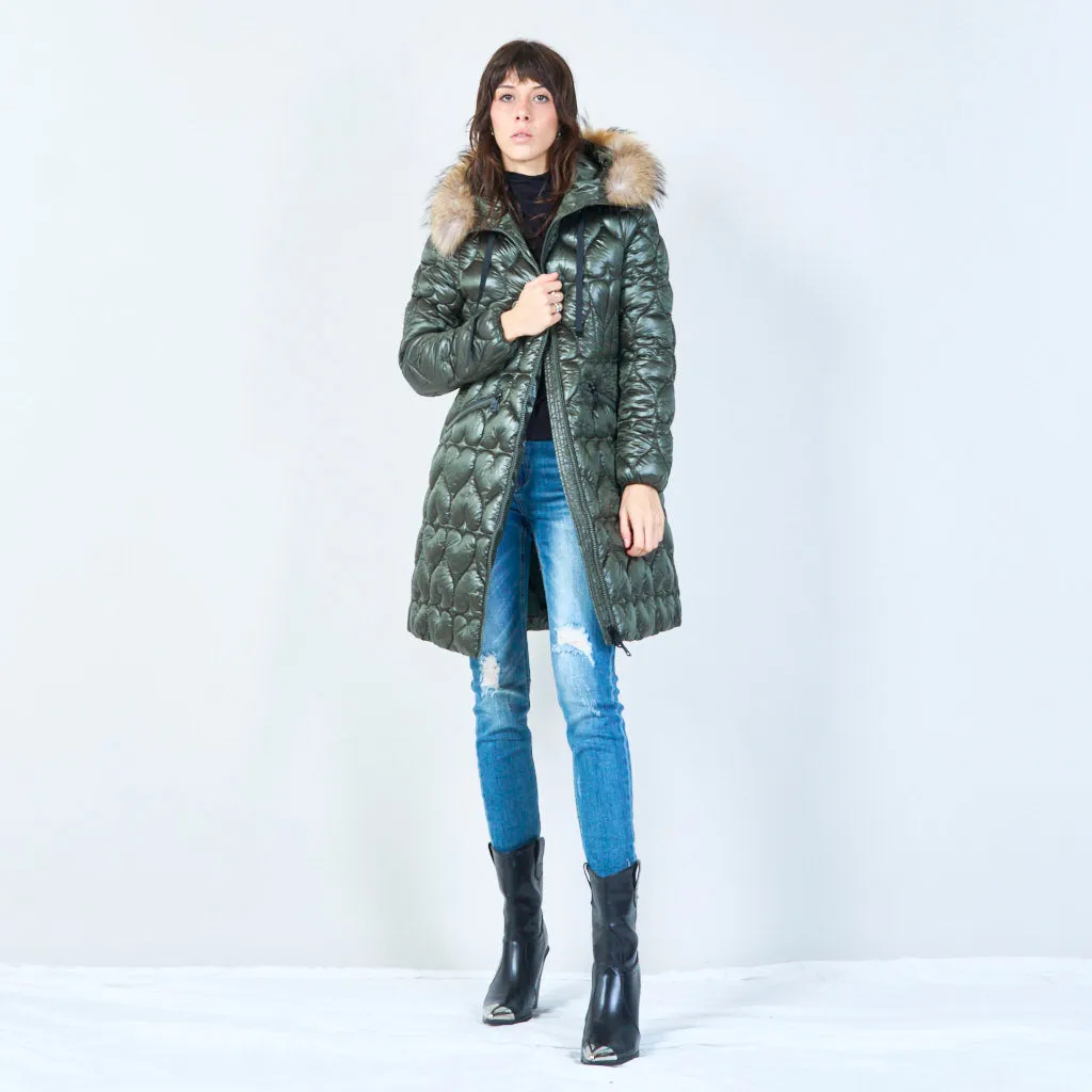 Quilted long jacket with heart pattern and fur hood wholesale