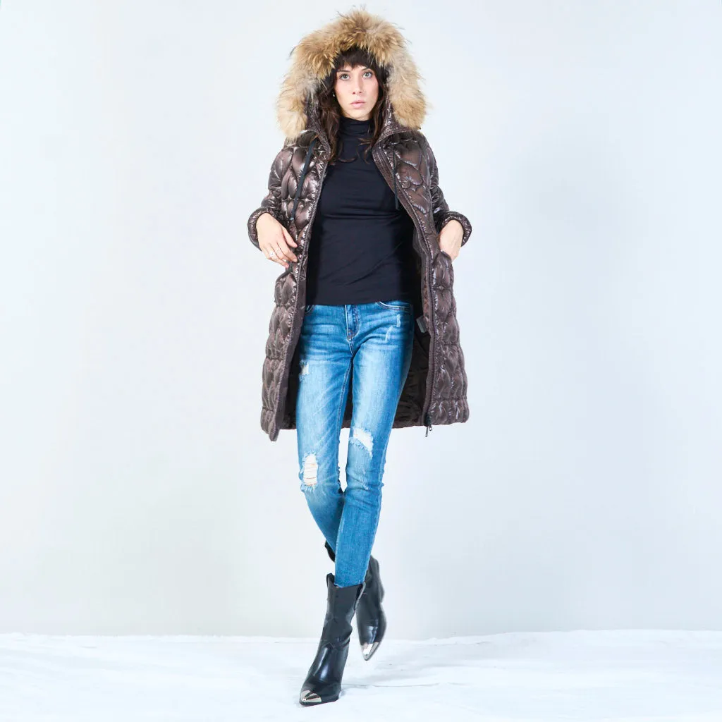 Quilted long jacket with heart pattern and fur hood wholesale