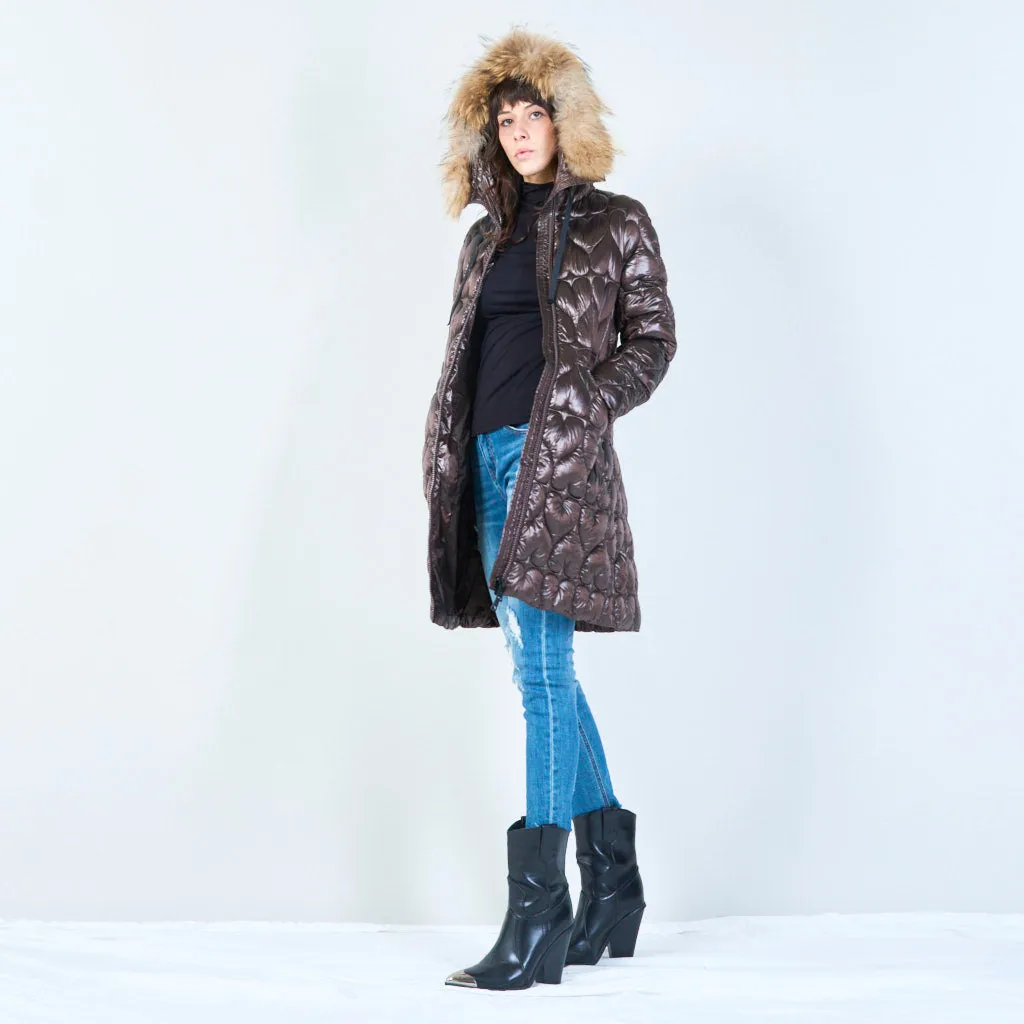 Quilted long jacket with heart pattern and fur hood wholesale