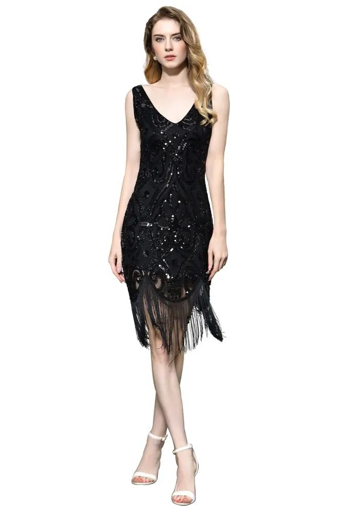 Retro Sparkly Sequins Slim Prom Dress Black V-Neck Sleeveless Flapper Roaring Party Dress