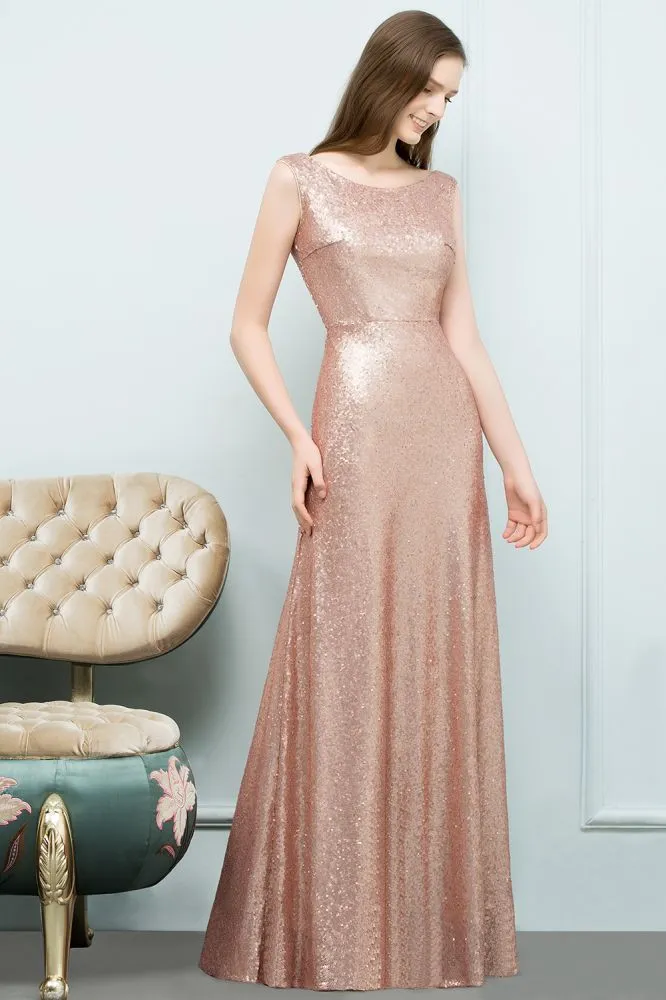 Scoop Sleeveless A-line Floor Length Sequined Prom Dresses