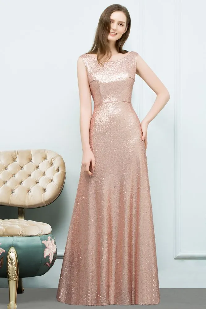 Scoop Sleeveless A-line Floor Length Sequined Prom Dresses