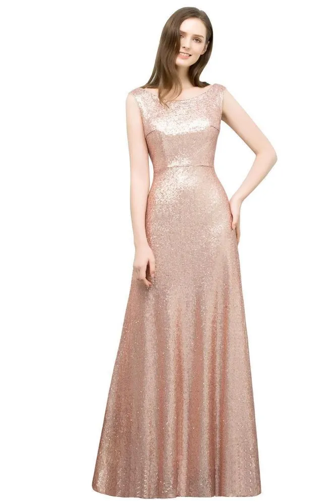 Scoop Sleeveless A-line Floor Length Sequined Prom Dresses