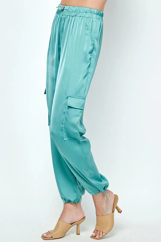 Slate Blue Elastic Drawstring Satin Jogger Pants