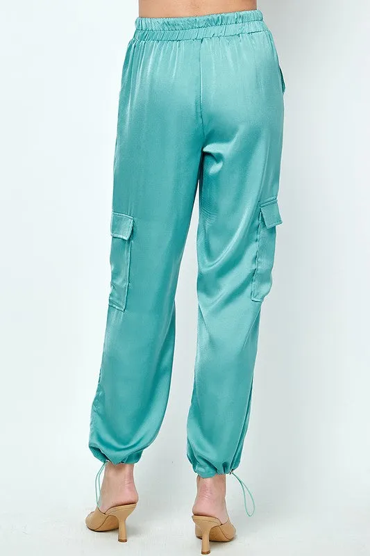 Slate Blue Elastic Drawstring Satin Jogger Pants