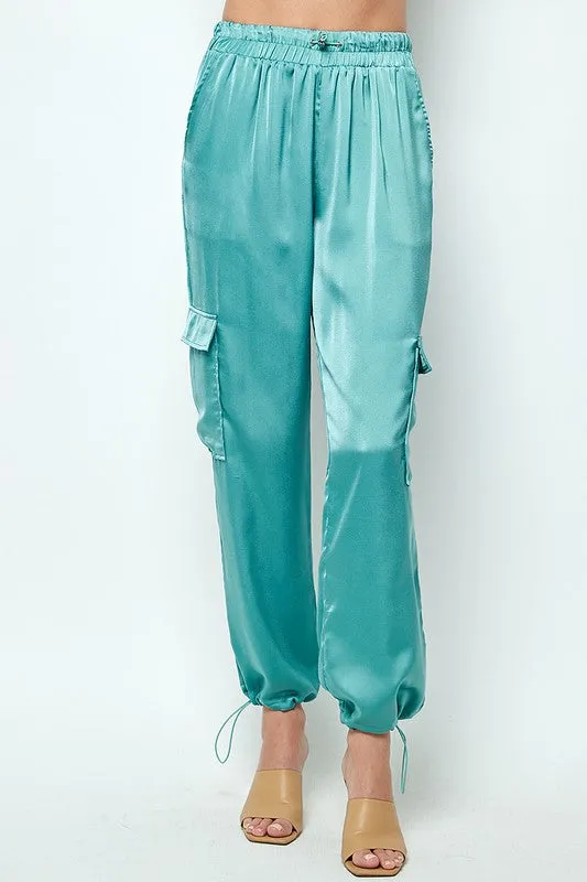 Slate Blue Elastic Drawstring Satin Jogger Pants