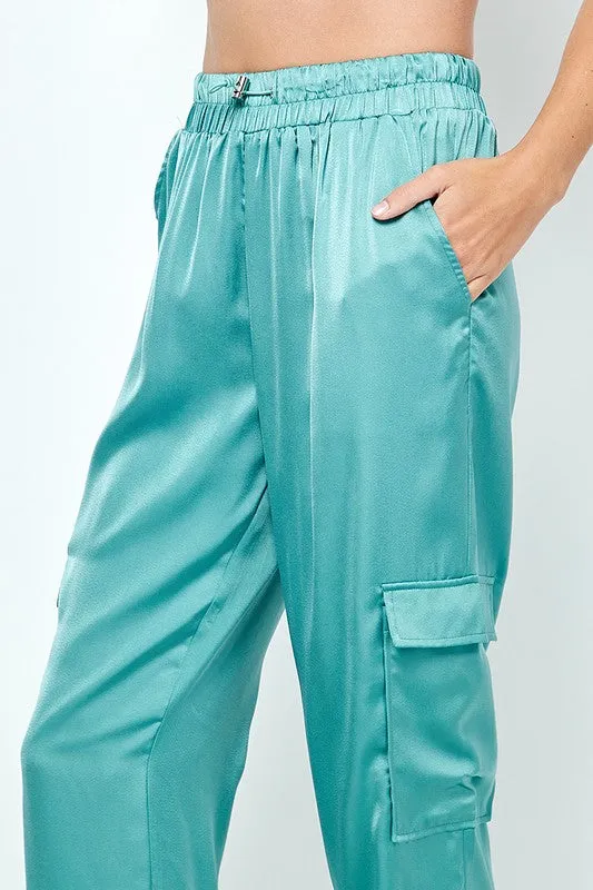 Slate Blue Elastic Drawstring Satin Jogger Pants