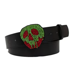 Snow White Poison Apple Crystal Rhinestone Cast Buckle - Black PU Strap Belt