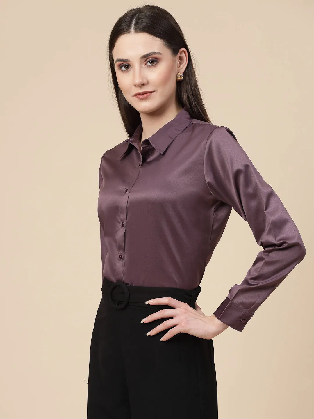 Style Quotient Women Mauve Satin Regular Formal Shirt