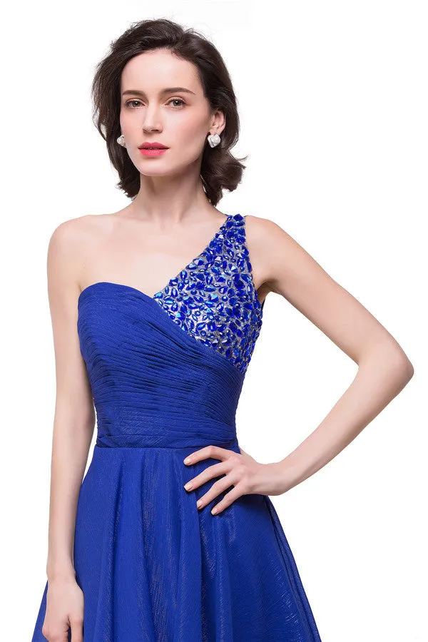 V-Neck Hi-lo A-line One-shoulder Ruffle Blue Chiffon Prom Dresses