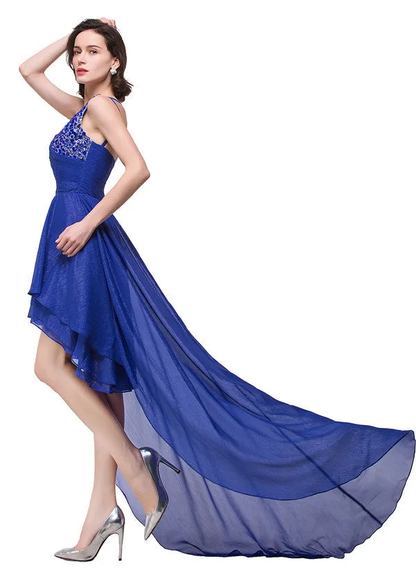 V-Neck Hi-lo A-line One-shoulder Ruffle Blue Chiffon Prom Dresses