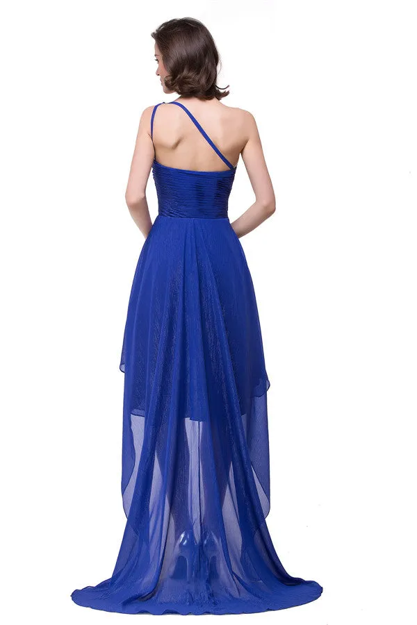 V-Neck Hi-lo A-line One-shoulder Ruffle Blue Chiffon Prom Dresses