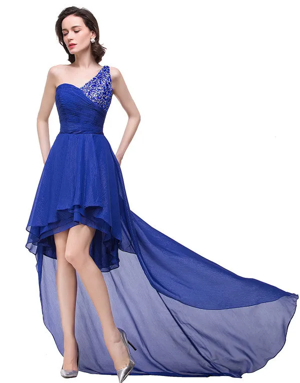 V-Neck Hi-lo A-line One-shoulder Ruffle Blue Chiffon Prom Dresses