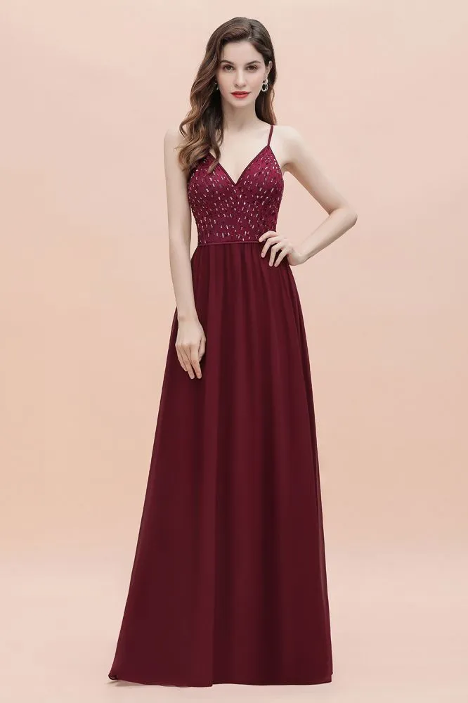 V-Neck Sleeveless Aline Evening Dress Sequins Bridesmaid Dress