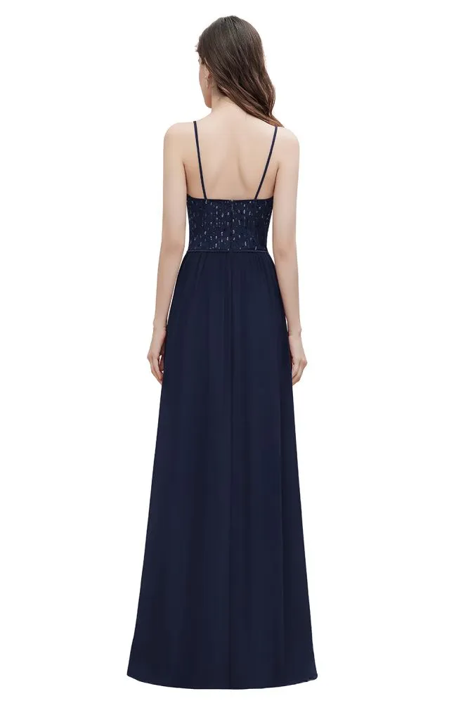 V-Neck Sleeveless Aline Evening Dress Sequins Bridesmaid Dress