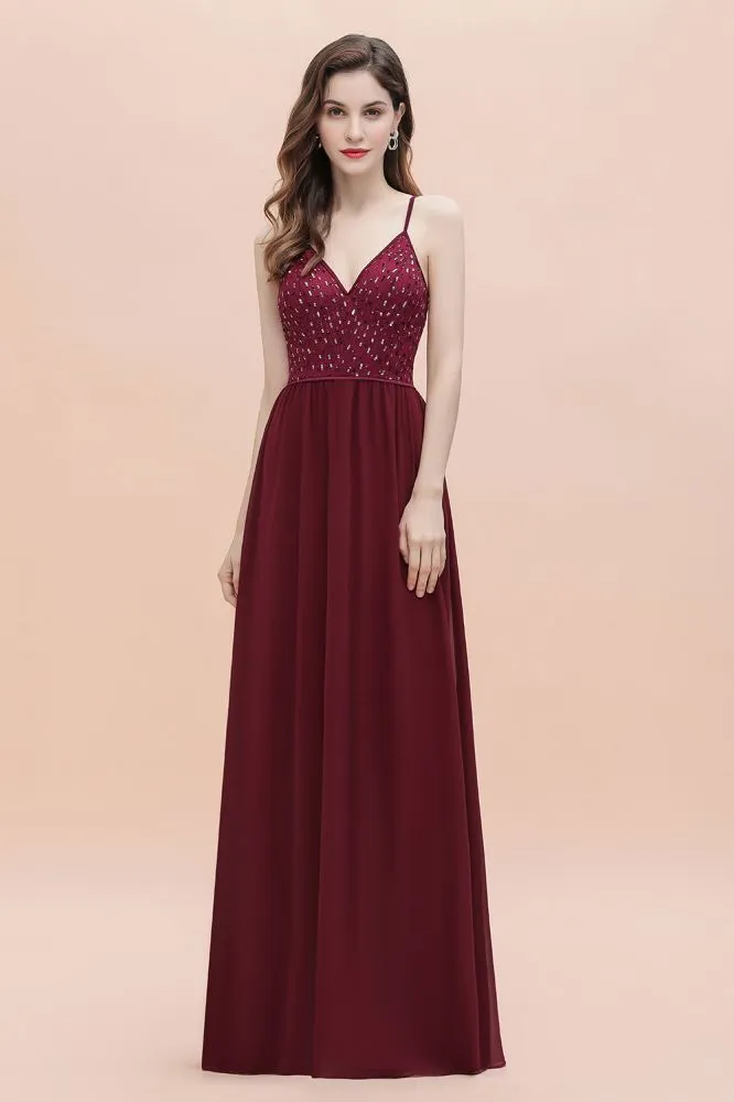 V-Neck Sleeveless Aline Evening Dress Sequins Bridesmaid Dress