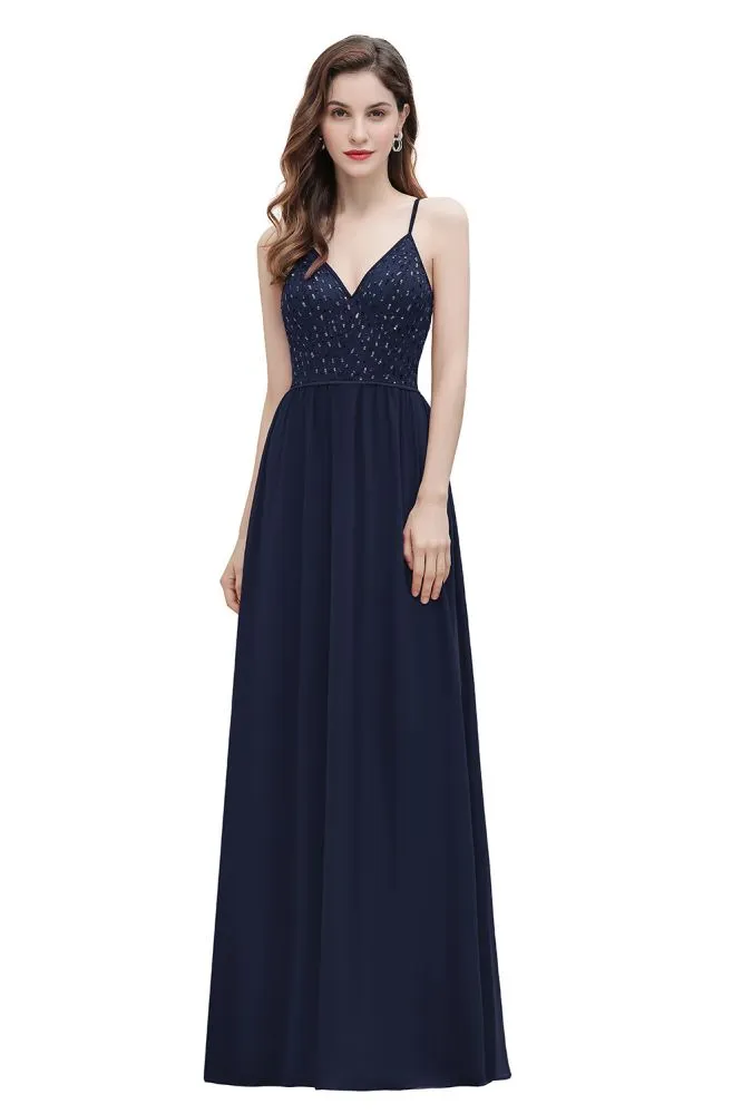 V-Neck Sleeveless Aline Evening Dress Sequins Bridesmaid Dress