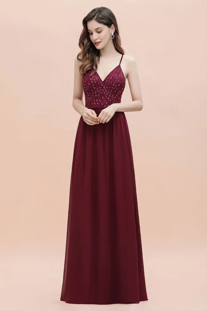 V-Neck Sleeveless Aline Evening Dress Sequins Bridesmaid Dress