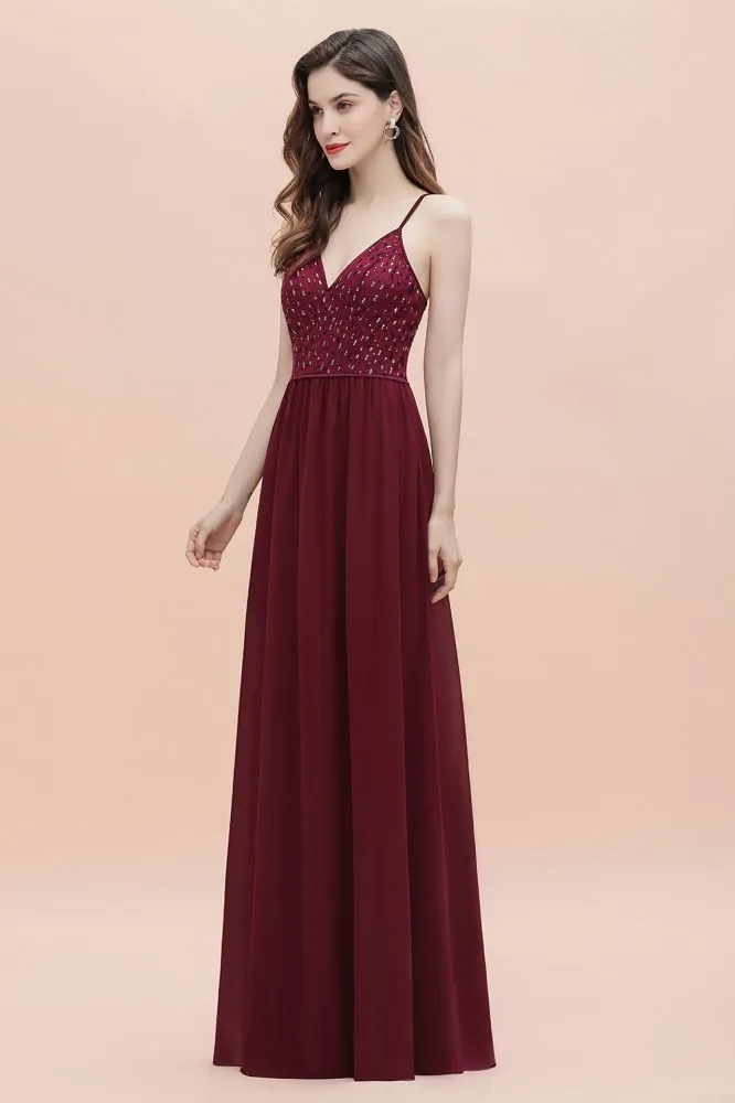 V-Neck Sleeveless Aline Evening Dress Sequins Bridesmaid Dress