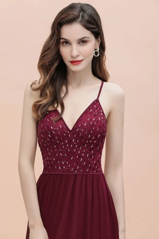 V-Neck Sleeveless Aline Evening Dress Sequins Bridesmaid Dress