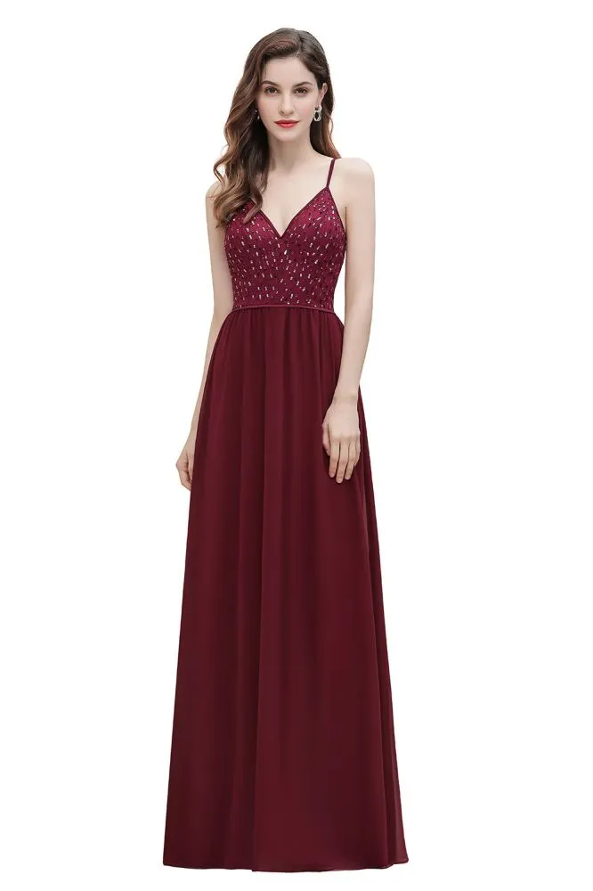 V-Neck Sleeveless Aline Evening Dress Sequins Bridesmaid Dress