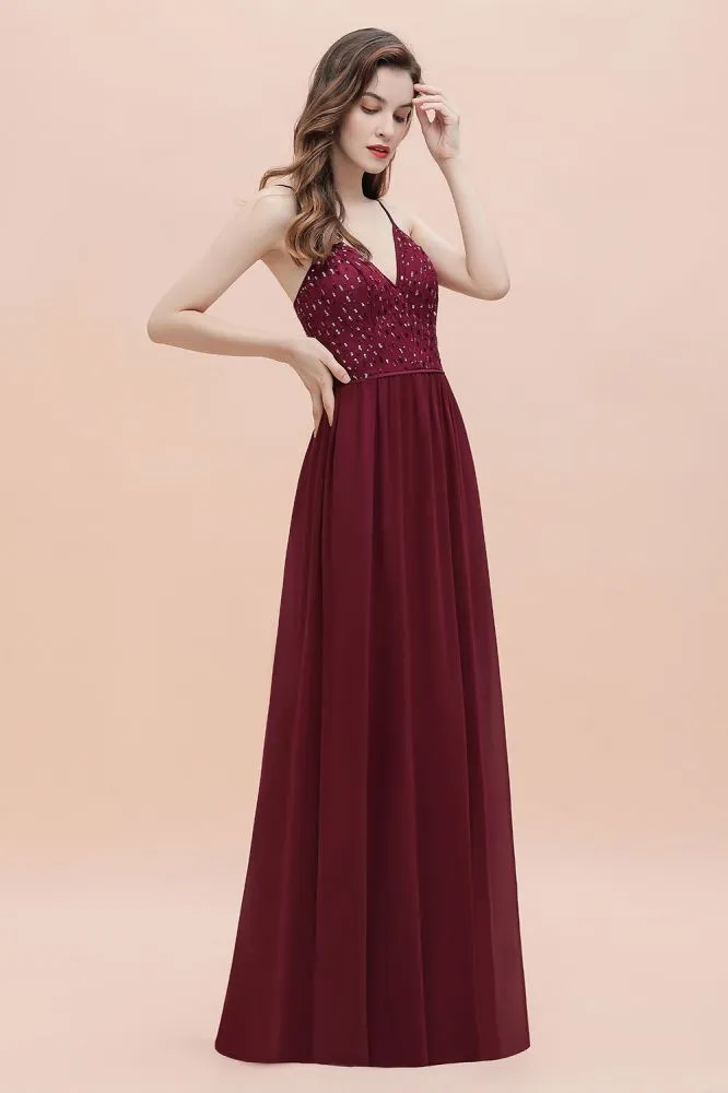 V-Neck Sleeveless Aline Evening Dress Sequins Bridesmaid Dress