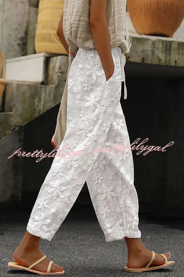 Wishing for It  Cotton Linen Patchwork Flower Elastic Waist Pocketed Pants