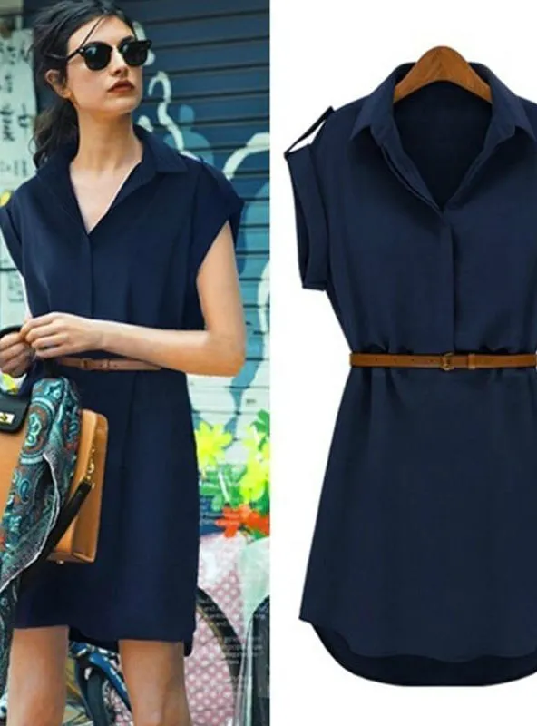 Women Shirts Short Sleeve Blouse Female Dresses With Belt