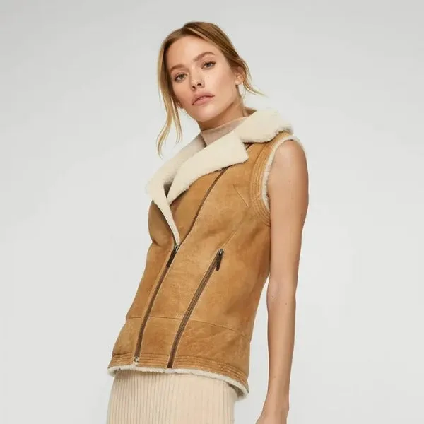 Women's Brown Sheepskin Shearling Leather Vest