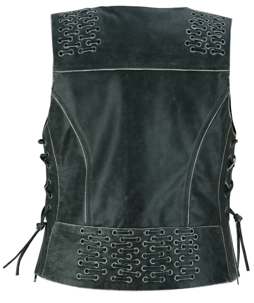 Women's Gray Leather Vest with Grommet and Lacing Accents