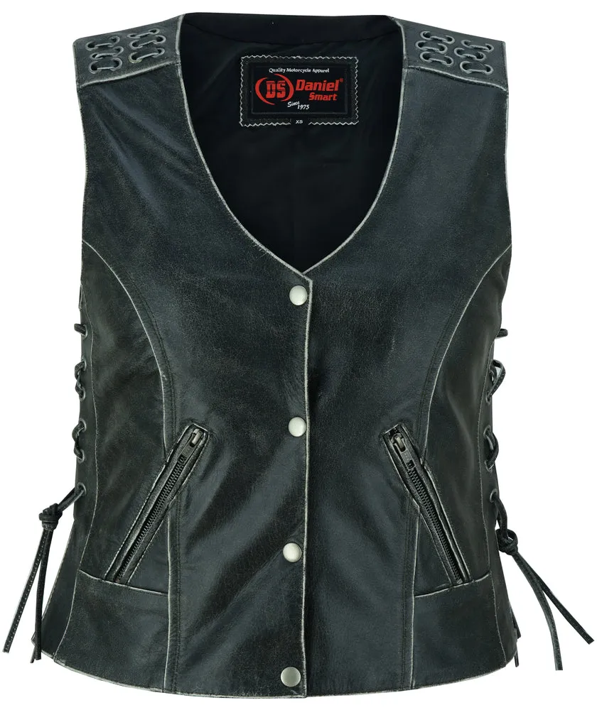 Women's Gray Leather Vest with Grommet and Lacing Accents