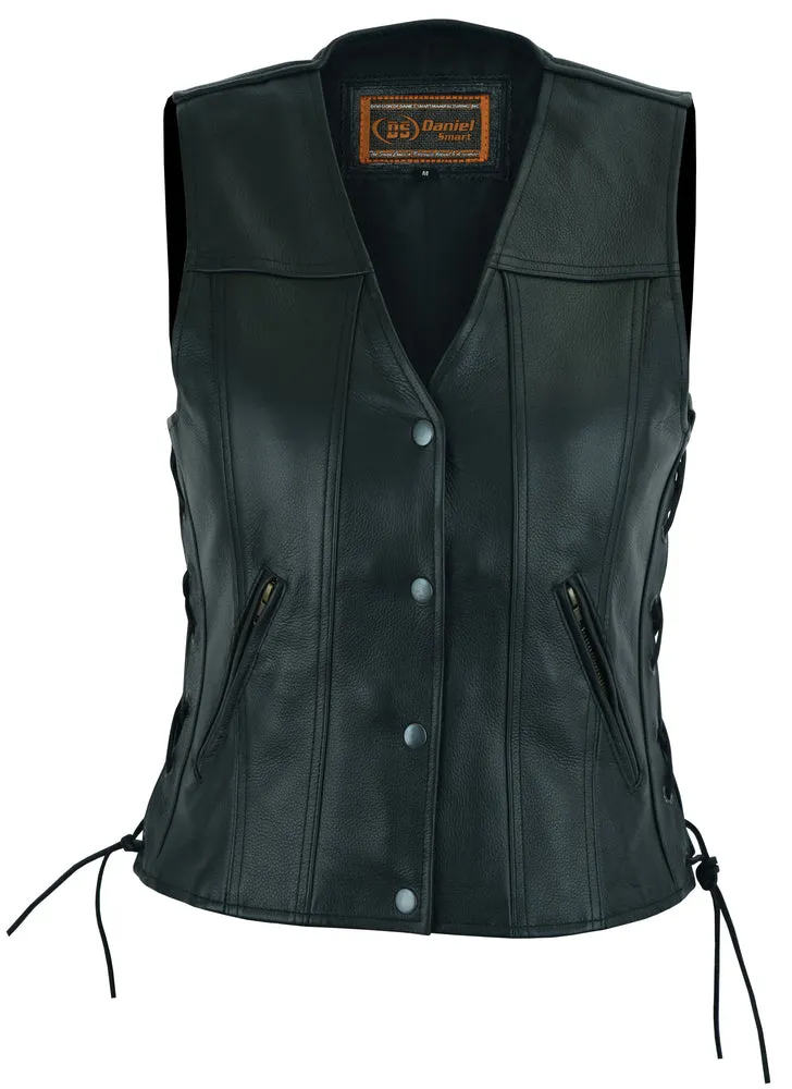 Women's Single Back Panel Leather Vest with Smart Access Pocket